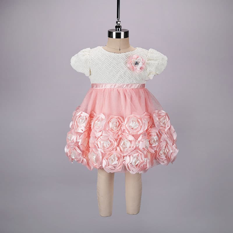 Pink And White Striped Rosette Smocked Dress