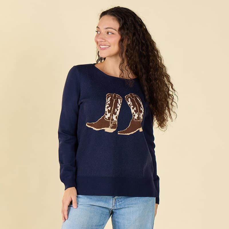 Cowgirl Boots Intarsia Black Sweater - Cracker Barrel