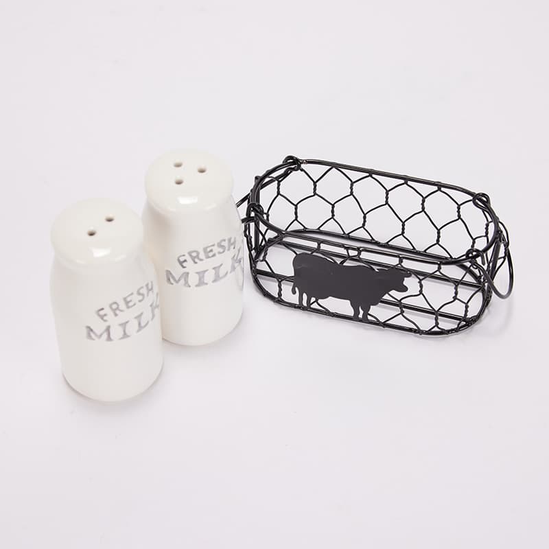 SALT AND PEPPER SHAKERS WITH BLACK WIRE CADDY