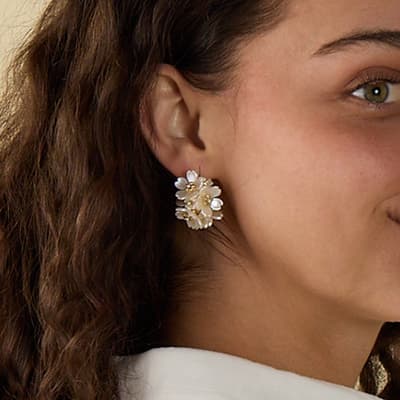 White Flower Cluster Hoop Earrings- Gold