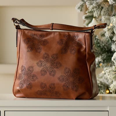 Brown Floral Laser Cut Faux Leather Bag