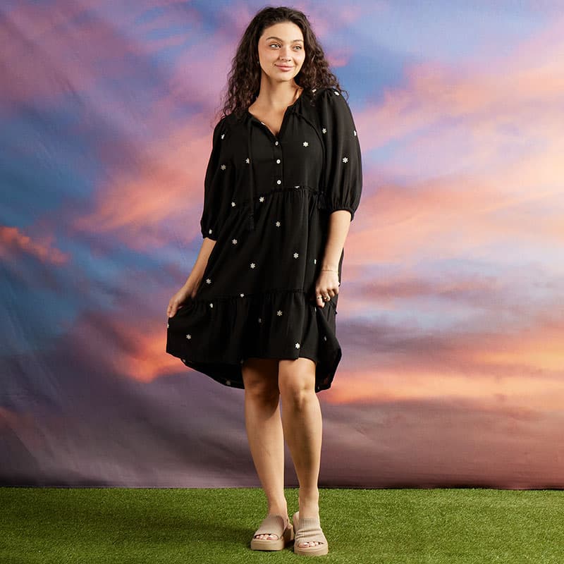 black dress white embroidery Embroidered Floral Linen Midi Dress | Cute Dresses main image 0