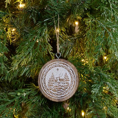 Wooden Round Deer In Forest Ornament