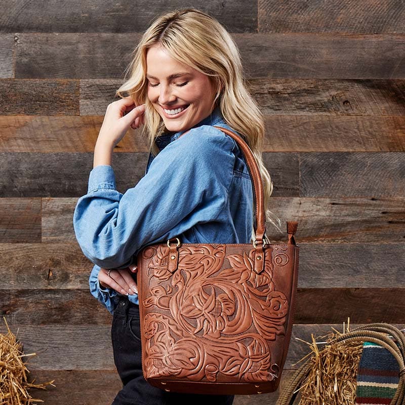 Brown Tooled Tote Handbag Cracker Barrel
