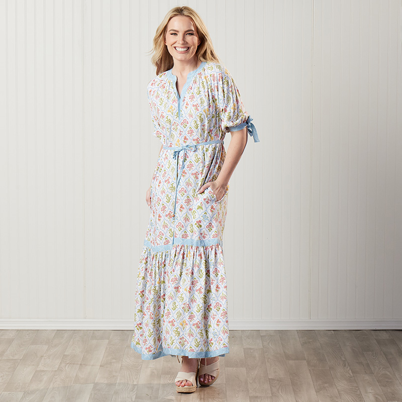 Ivory Block Print Floral Maxi Dress - Cracker Barrel