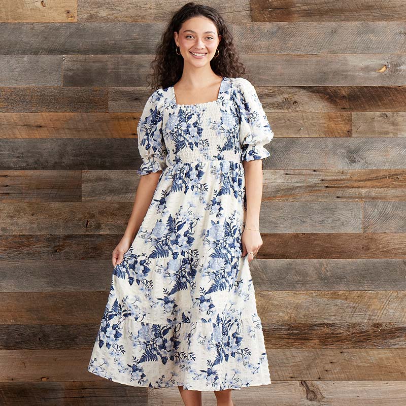 Smock Floral Ivory Midi Dress - Cracker Barrel