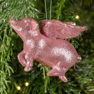 Pink Glitter Flying Pig Ornament