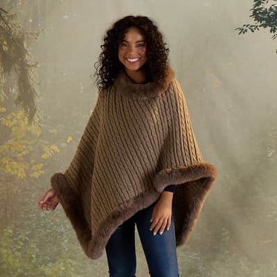 Taupe Knit Faux Fur Poncho