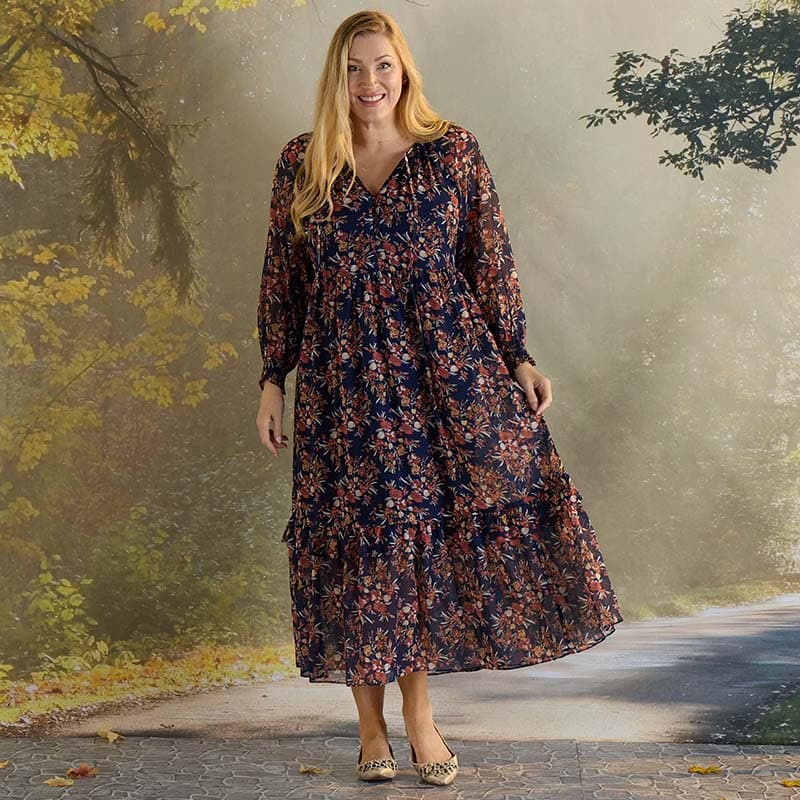 Navy floral long sleeve dress best sale