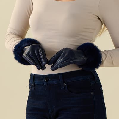 Navy Faux Leather with Fur Cuff Gloves
