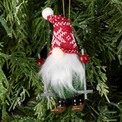 Skiing Gnome Ornament - Green
