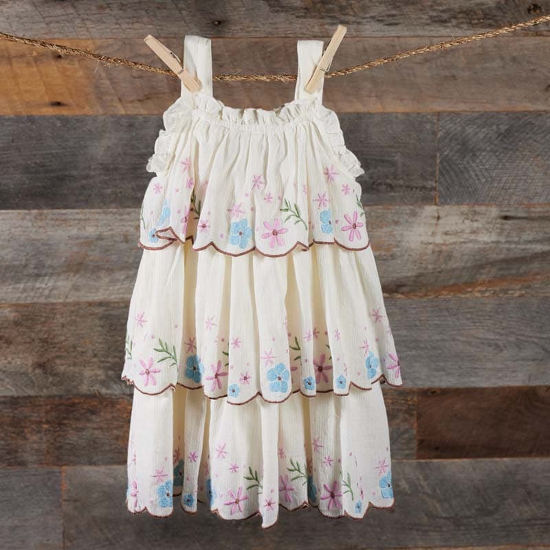 Toddler Woven Embroidered Flower Ivory Tiered Dress - Cracker Barrel