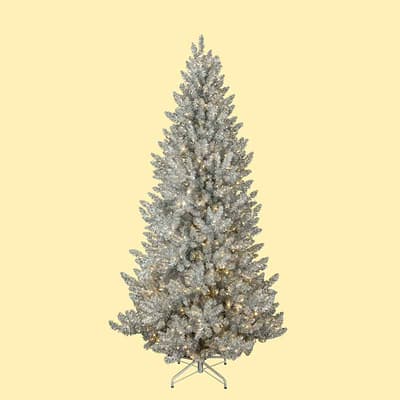 9' Prelit Quick Connect Silver Tinsel Christmas Tree