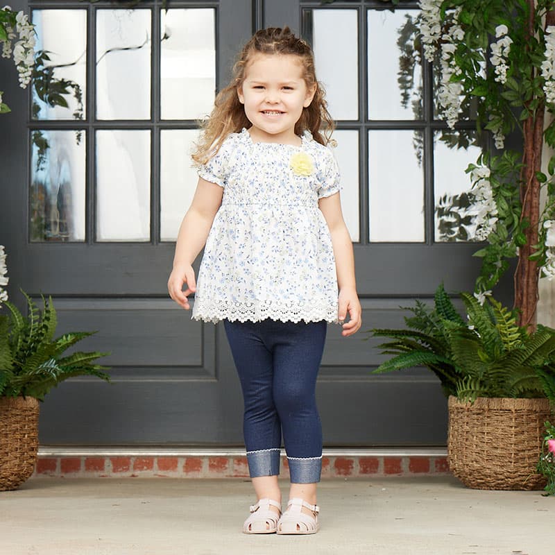 Toddler Floral Woven White Smock Top with Jeggings Set - Cracker