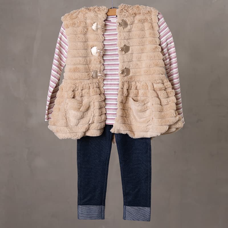 Toddler 3 Piece Tan Faux Fur Vest Shirt and Jegging Set Cracker Barrel