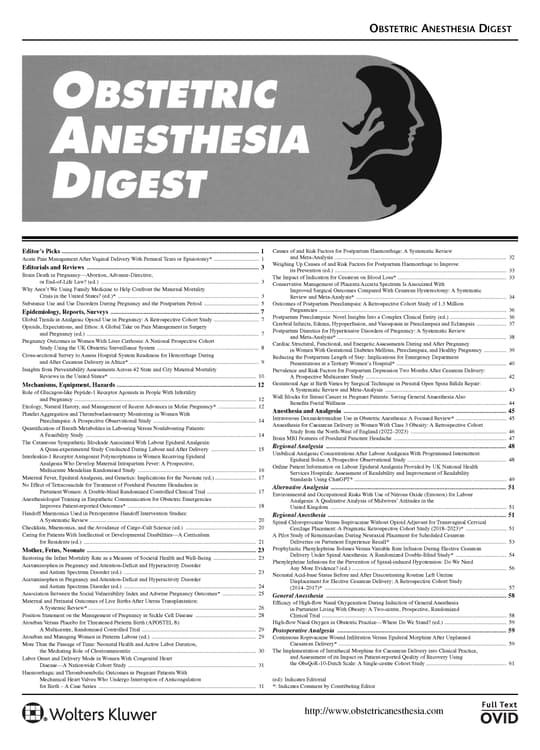 Obstetric Anesthesia Digest