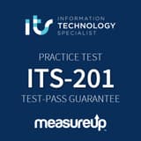 The MeasureUp ITS-201: Information Technology Specialist Databases practice test. Pearson logo. MeasureUp logo