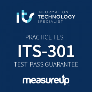 The MeasureUp ITS-301: Information Technology Specialist HTML and CSS practice test. Pearson logo. MeasureUp logo