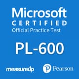 The MeasureUp PL-600: Microsoft Power Platform Solution Architect Pearson logo. MeasureUp logo