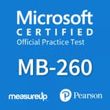 The MeasureUp MB-260: Microsoft Customer Data Platform Specialist practice test. Pearson logo. MeasureUp logo
