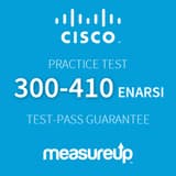The MeasureUp 300-410 ENARSI: Implementing Cisco Enterprise Advanced Routing and Services practice test. Pearson logo. MeasureUp logo