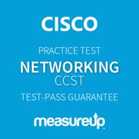 The MeasureUp CCST: Cisco Certified Support Technician Networking practice test. Pearson logo. MeasureUp logo