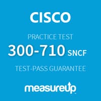 The MeasureUp 300-710 SNCF: Securing Networks with Cisco Firepower practice test. Pearson logo. MeasureUp logo