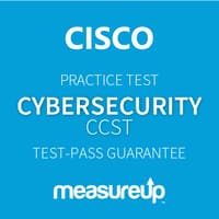 The MeasureUp CCST: Cisco Certified Support Technician Cybersecurity practice test. Pearson logo. MeasureUp logo