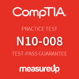 The MeasureUp N10-008: CompTIA Network+ practice test. Pearson logo. MeasureUp logo