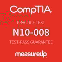 The MeasureUp N10-008: CompTIA Network+ practice test. Pearson logo. MeasureUp logo