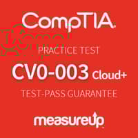 The MeasureUp CompTIA Cloud+ (CV0-003) Online practice test. Pearson logo. MeasureUp logo