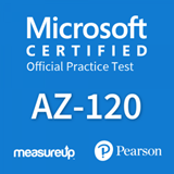 The MeasureUp AZ-120: Planning and Administering Microsoft Azure for SAP Workloads practice test. Pearson logo. MeasureUp logo