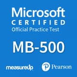 The MeasureUp MB-500: Microsoft Dynamics 365 Finance and Operations Apps Developer practice test. Pearson logo. MeasureUp logo