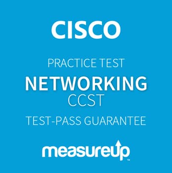 The MeasureUp CCST: Cisco Certified Support Technician Networking practice test. Pearson logo. MeasureUp logo