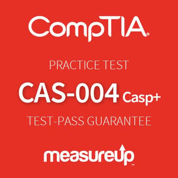 The MeasureUp CompTIA CASP+ (CAS-004) Online practice test. Pearson logo. MeasureUp logo