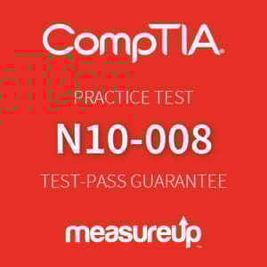 The MeasureUp N10-008: CompTIA Network+ practice test. Pearson logo. MeasureUp logo