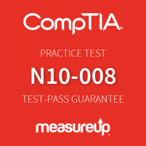 The MeasureUp N10-008: CompTIA Network+ practice test. Pearson logo. MeasureUp logo