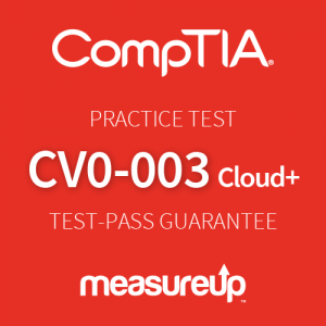 The MeasureUp CompTIA Cloud+ (CV0-003) Online practice test. Pearson logo. MeasureUp logo