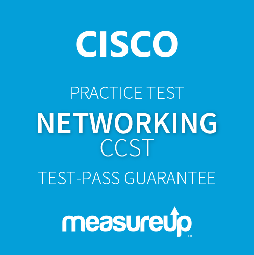 The MeasureUp CCST: Cisco Certified Support Technician Networking practice test. Pearson logo. MeasureUp logo