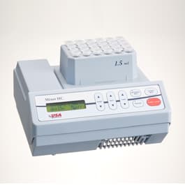 Mixer HC shown with thermoblock for 1.5 mL microcentrifuge tubes