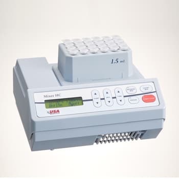 Mixer HC shown with thermoblock for 1.5 mL microcentrifuge tubes