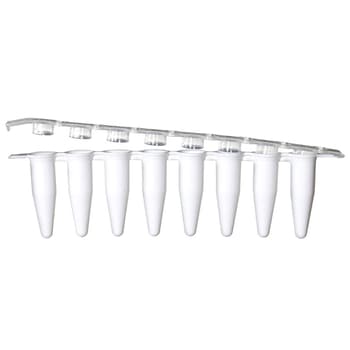 0.2 mL PCR white 8-tube FLEX-FREE strip, attached optical cap strip, White