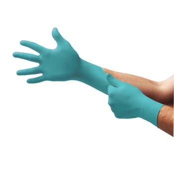 Extra long nitrile exam gloves on hands