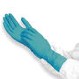 Extra long nitrile exam gloves shown over lab coat