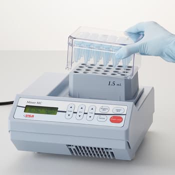 Mixer HC shown with thermoblock for 1.5 mL microcentrifuge tubes
