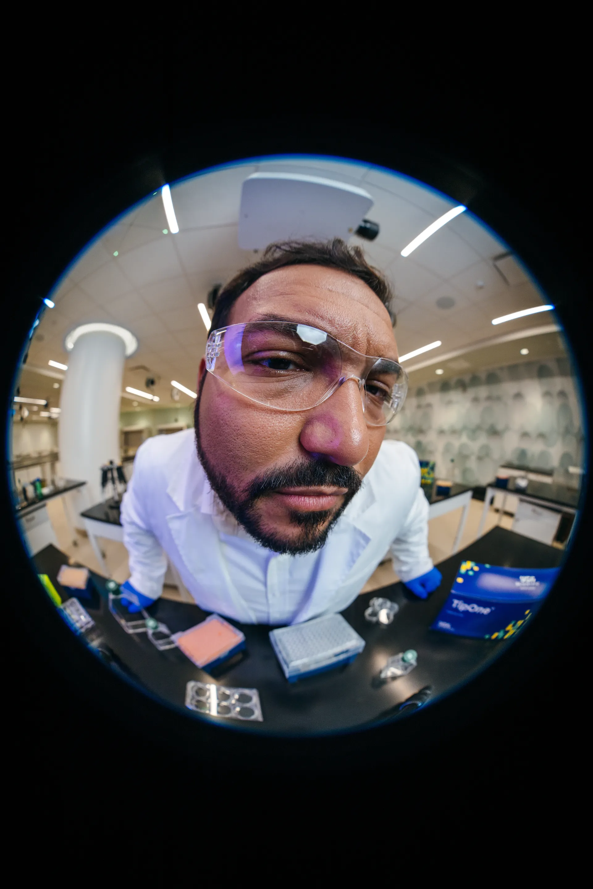 Scientist looking closely at lab work