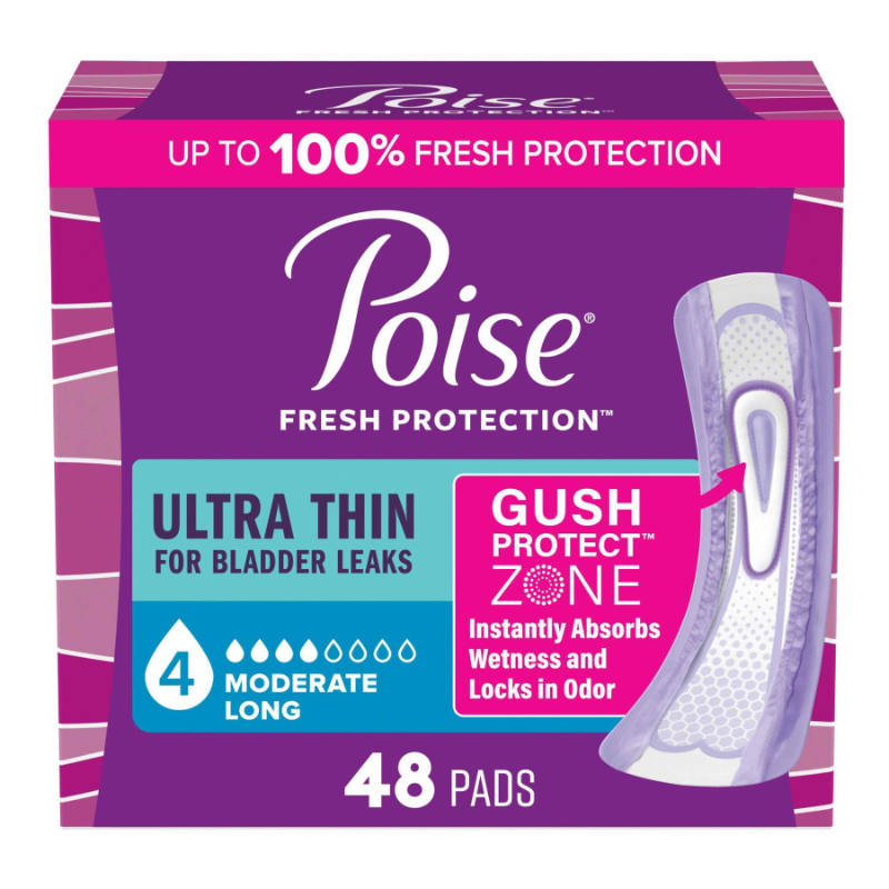 Poise Ultra Thin Incontinence & Postpartum Long Pads - Moderate Absorbency - 48 Count