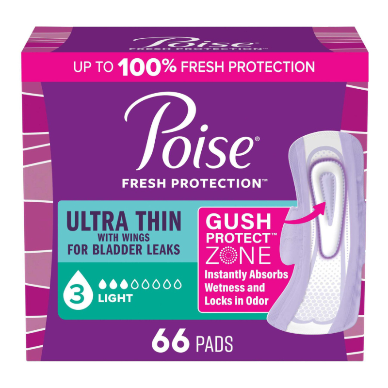 Poise Ultra Thin Regular Length Incontinence & Postpartum Pads With Wings - Light Absorbency - 66 Count