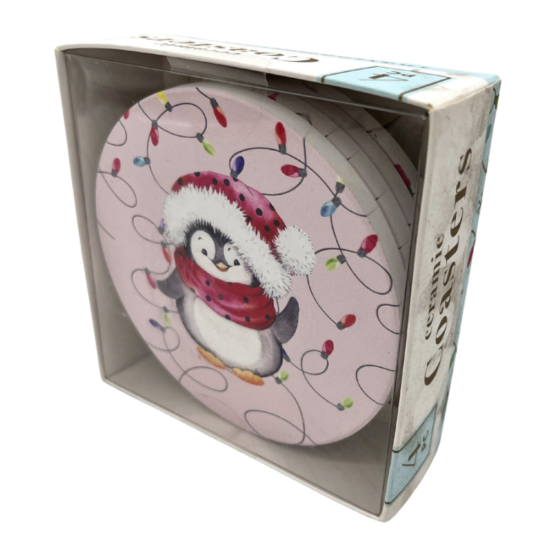 Ceramic Penguin Coaster Set - Pink