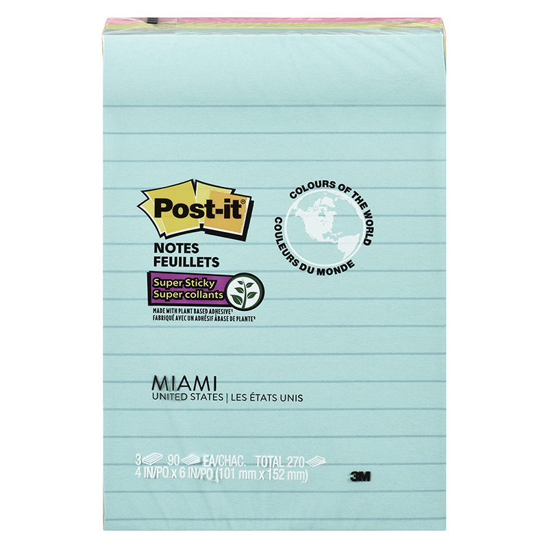 3M Post-it Notes - Miami - 4 in. x 6 in. - 3 x 90 sheets